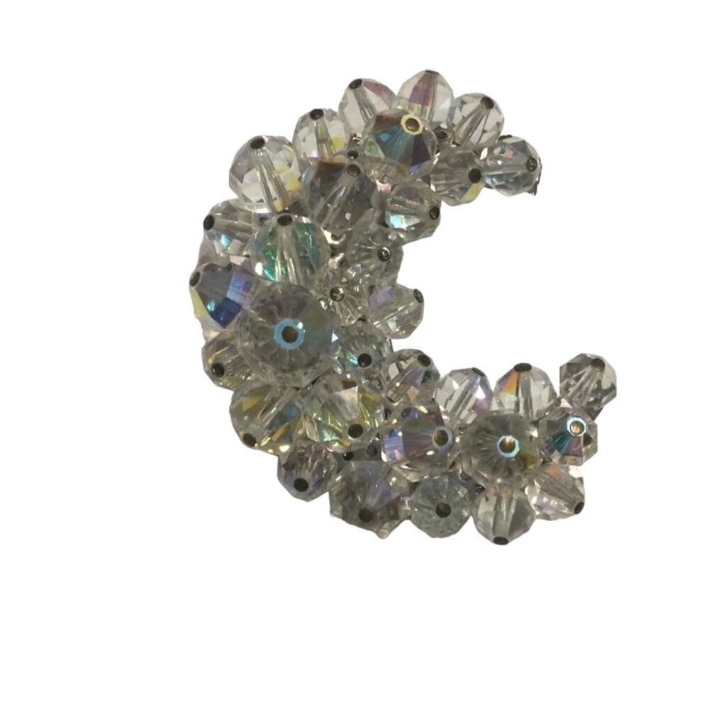 Vtg Glass bead brooch pin half moon crescent silver celestial astrology Islam 2" - Picture 3 of 9